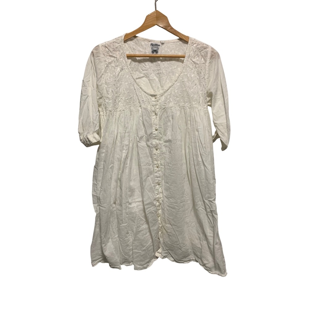 Papillon White Cotton Embroidered Button Front Tiered Dress Large fairy cottage